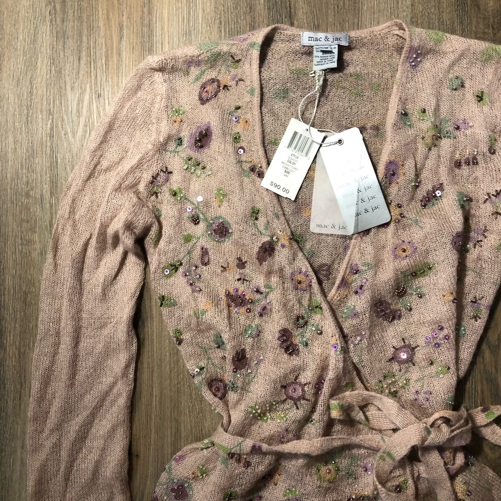 Mac & Jac Floral Knit Beaded Mohair/Wool Cardigan